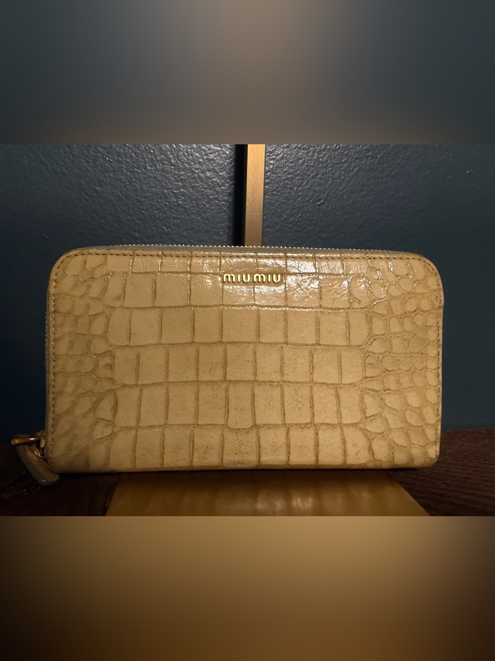 Miu Miu Light Green Croc-Effect Zip Pouch with Gold Logo